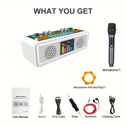 Hosabely Karaoke Machine Bluetooth Speaker Sound Card with Single Microphone, Portable Party Karaoke Machine for Adults Kids with DJ Lights, PA System Best Gift for All Powered Mixers Audio Smartphone