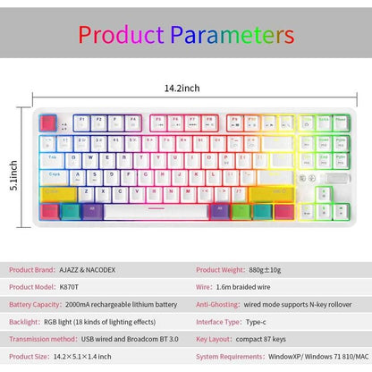 AJAZZ K870T TKL Wired/Wireles RGB Mechanical Keyboard | Rechargeable 2000Mah Tenkeyless Bluetooth Keyboard with Volume Wheel Design