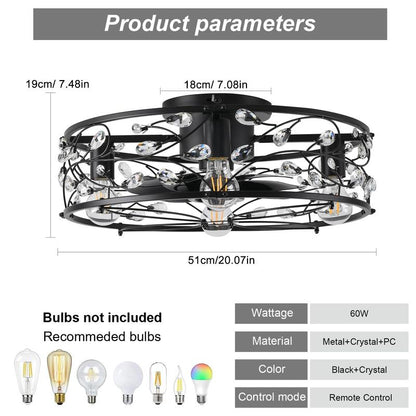 20In Caged Ceiling Fan with Light, Crystal Rustic Ceiling Fans with Remote, Bladeless Black Ceilingfan, Flush Mount Fanlights for Kitchen Bedroom