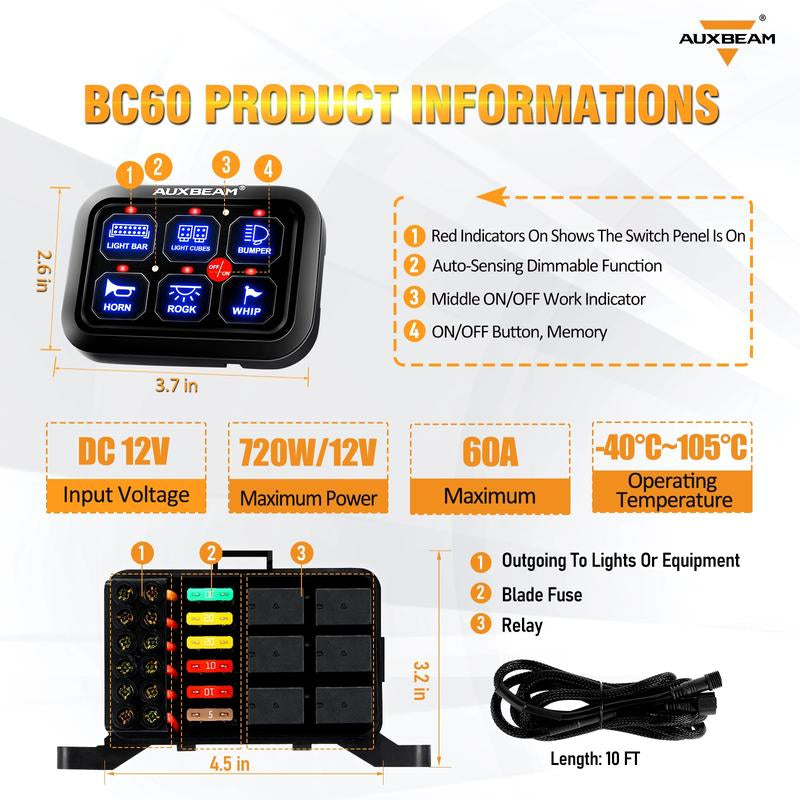 Auxbeam BC60 6 Gang Switch Panel Off-Road Light Controller
