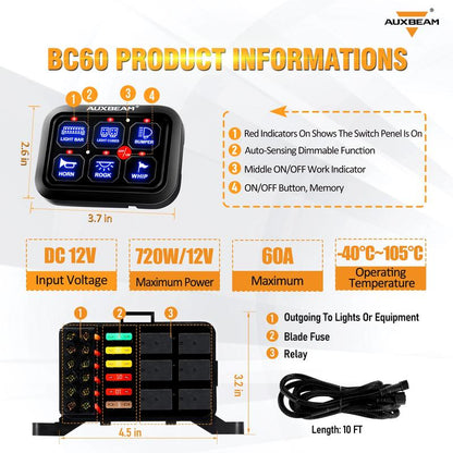 Auxbeam BC60 6 Gang Switch Panel Off-Road Light Controller