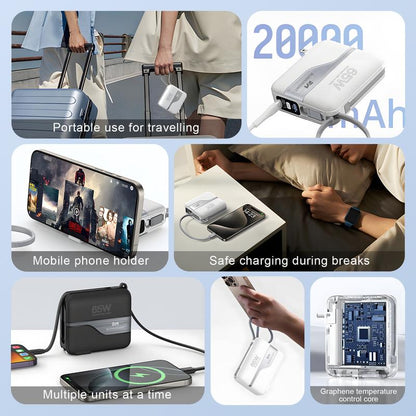 65W Fast Charging Portable Charger Power Bank with Built in Cables & AC Wall Plug,20000Mah External Battery Pack for Iphone 16/15/14/13/12 Pro, Ipad, Macbook Air, Samsung