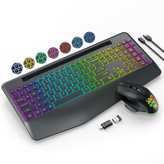 SABLUTE Wireless Keyboard and Mouse Combo, 9 Backlit Effects, Large Print, Wrist Rest, Phone Holder, 2.4G Lag-Free Ergonomic Keyboards, Rechargeable Easy to See Cordless Set for Computer, Laptop, PC