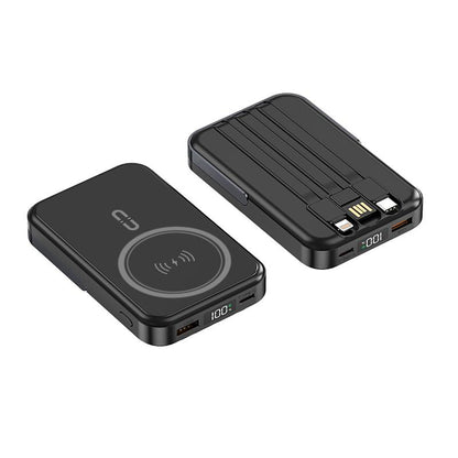 10000Mah Fast Charging Magnetic Power Bank W/ Stand and 3 Built-In Cables & Wireless Charging