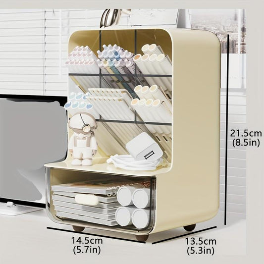 Modern Plastic Desktop Storage Box with Drawer, Multi-Compartment Pen Holder, Desk Organizer for Office Home School Student Teacher