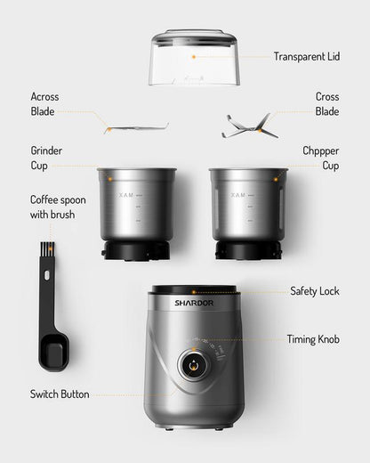 SHARDOR Adjustable Coffee Grinder Electric, Grain Mills, Herb, Nut, Spice,Coffee Bean Espresso Grinder with 2 Removable Stainless Steel Bowl, Silver.