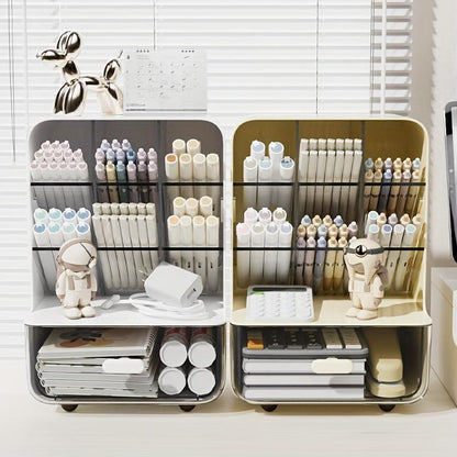 Modern Plastic Desktop Storage Box with Drawer, Multi-Compartment Pen Holder, Desk Organizer for Office Home School Student Teacher