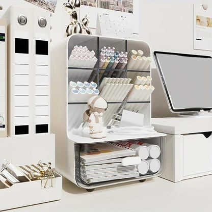 Modern Plastic Desktop Storage Box with Drawer, Multi-Compartment Pen Holder, Desk Organizer for Office Home School Student Teacher