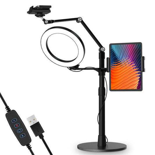 Viozon 3-In-1 Selfie Desktop Live Stand, Height Adjustable/Overhead, 8" LED Ring Light, Compatible with 3.5-13" Tablet& Phone, Suitable for Youtube/Tiktok/Recording/Streaming/Online Meeting 3In1 Phonestand Ipad Mounting Options Office Gadgets Mount