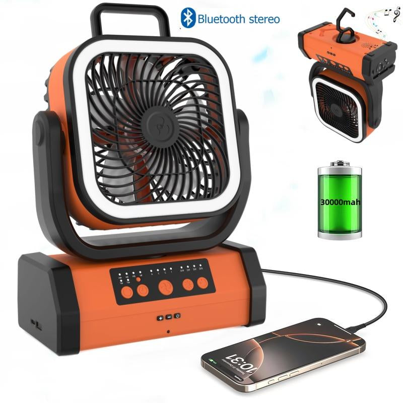 Battery Powered Fan Portable Rechargeable with Bluetooth Stereo,270°Pivot Battery Operated Fans Camping with LED Light & Hook,Usb Personal Outdoor Camping for Tent, Travel Ventiladores Recargables Para Cuba Large Adventure Speed Desk Head Pool Camp