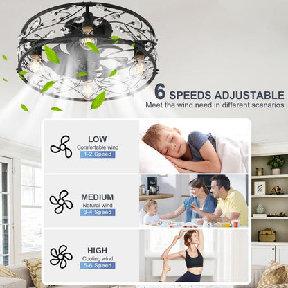 20In Caged Ceiling Fan with Light, Crystal Rustic Ceiling Fans with Remote, Bladeless Black Ceilingfan, Flush Mount Fanlights for Kitchen Bedroom