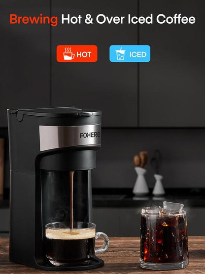 FOHERE Coffee Maker, Single Serve Iced and Hot Coffee Brewer for K Pod & Ground Coffee, 90S Fast Brewing, 6 to 14 Oz Brew Sizes, 1000W Water Window and Descaling Mode