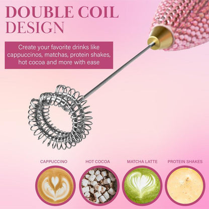 Paris Hilton Electric Milk Frother, Handheld Mixer with Rhinestone Handle, Battery Operated for Lattes, Matcha & More