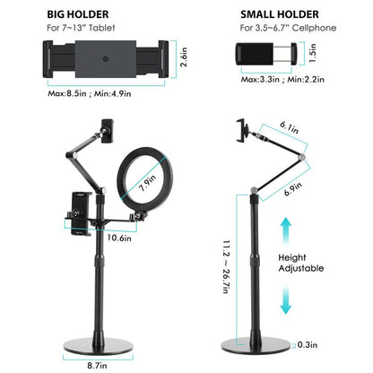 Viozon 3-In-1 Selfie Desktop Live Stand, Height Adjustable/Overhead, 8" LED Ring Light, Compatible with 3.5-13" Tablet& Phone, Suitable for Youtube/Tiktok/Recording/Streaming/Online Meeting 3In1 Phonestand Ipad Mounting Options Office Gadgets Mount