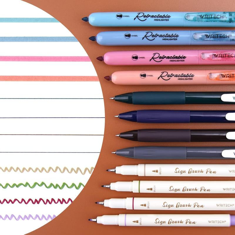 Writech Journaling Pens Set - 12-Count Vintage Set with Retractable Highlighters, Gel Ink Pens, and Brush Pens