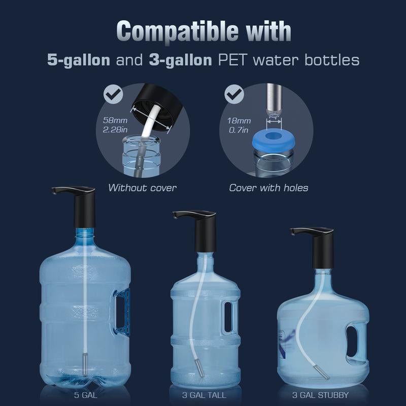 Rechargeable Water Dispenser Pump for 5 Gallon Bottle, Electric USB-C Large Flow Water Jug Dispenser, Portable Automatic Submersible Bottle Pump Silent Operation for Camping Home Office