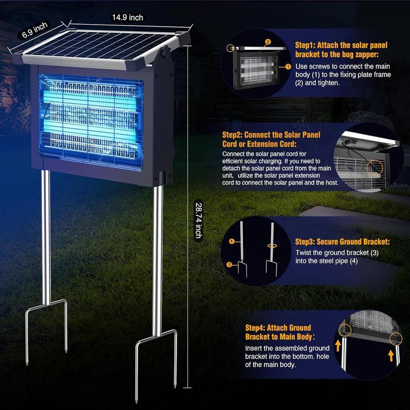 Bug Zapper Outdoor Solar Powered, Mosquito Zapper Indoor with 4500V High Powered, Electric Fly Zapper with Extension Cord and Grounding Bracket, Rechargeable Waterproof Mosquito Killer, Fly Zapper, Mosquito Killer, Electric Trap Ideal for Patio, Backyard
