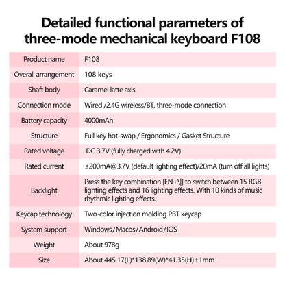AULA F108 Three-Mode Mechanical Keyboard, 108-Key Full-Array, RGB Lighting Effect, Full-Key Hot Swap, Comfortable Keys Feel, Compatible with Windows/Mac/Ios System, Suitable for Computers, Notebooks, Mobile Phones, Daily Office or E-Sports Games.