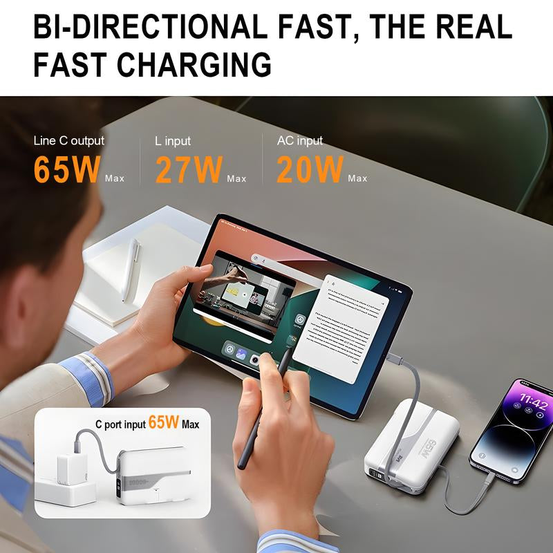 65W Fast Charging Portable Charger Power Bank with Built in Cables & AC Wall Plug,20000Mah External Battery Pack for Iphone 16/15/14/13/12 Pro, Ipad, Macbook Air, Samsung