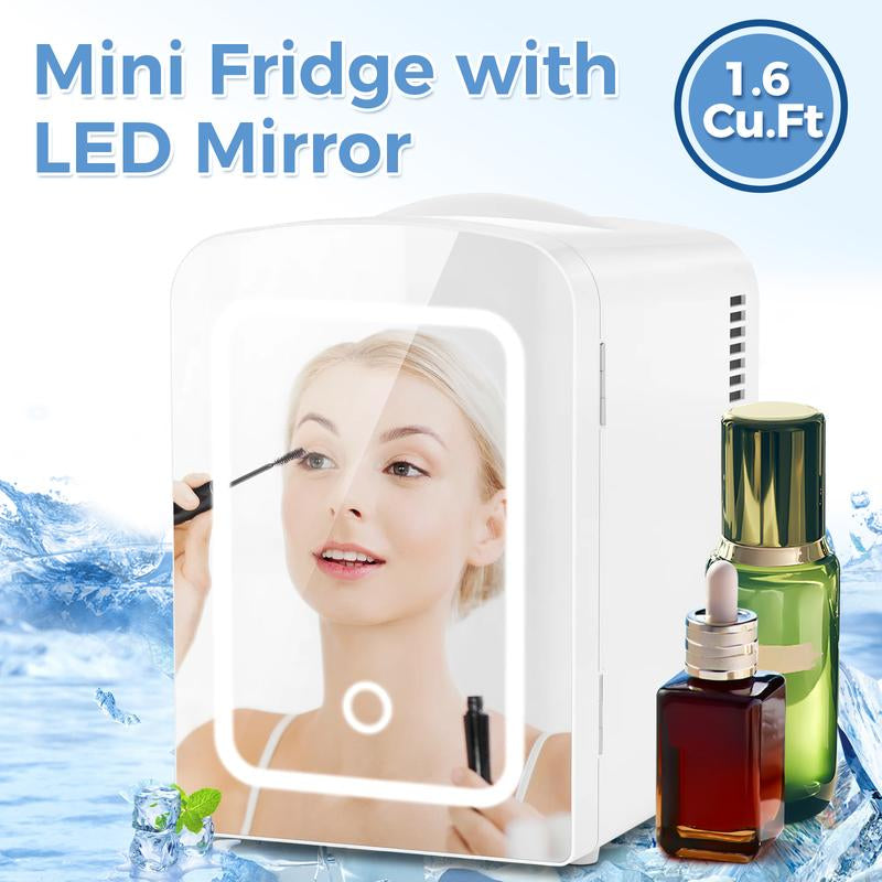 Makeup Fridge with Dimmable Mirror, 4L Mini Fridge for Bedroom, Car, Office & Dorm, Cooler & Warmer, Portable Small Refrigerator