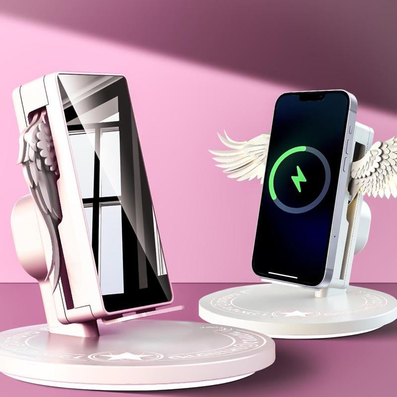 Angel Wing Design Wireless Charger with Mirror, 15W Super Fast Charge Wireless Charger with Luminous Base, Phone Accessories for Phones with Wireless Charging Function