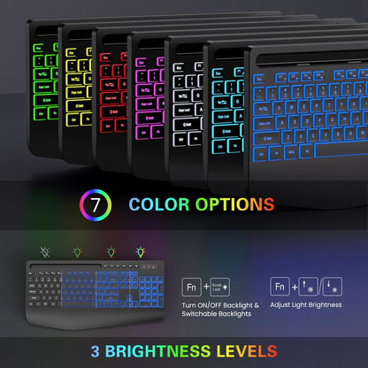 SABLUTE Wireless Keyboard and Mouse Combo, 9 Backlit Effects, Large Print, Wrist Rest, Phone Holder, 2.4G Lag-Free Ergonomic Keyboards, Rechargeable Easy to See Cordless Set for Computer, Laptop, PC