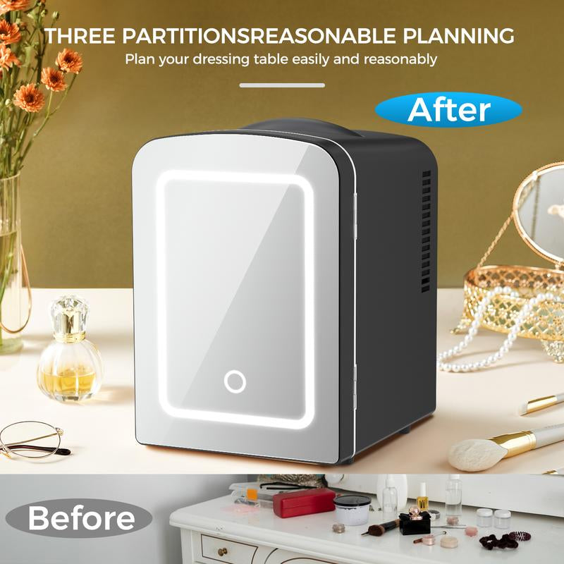 Makeup Fridge with Dimmable Mirror, 4L Mini Fridge for Bedroom, Car, Office & Dorm, Cooler & Warmer, Portable Small Refrigerator