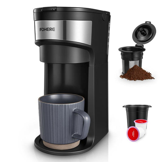FOHERE Coffee Maker, Single Serve Iced and Hot Coffee Brewer for K Pod & Ground Coffee, 90S Fast Brewing, 6 to 14 Oz Brew Sizes, 1000W Water Window and Descaling Mode