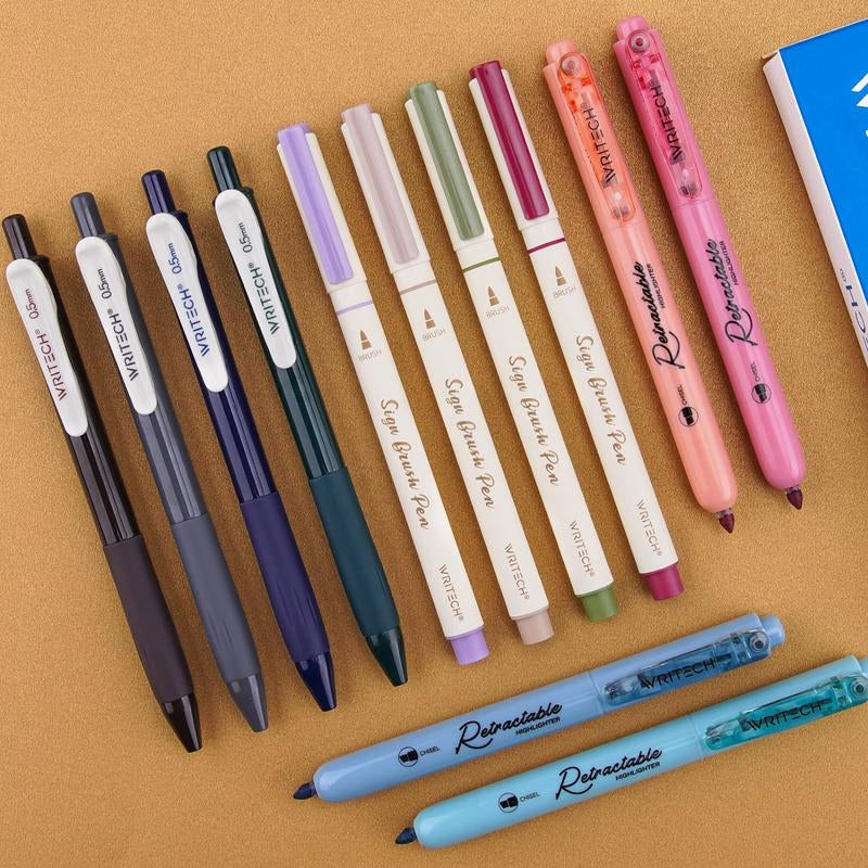 Writech Journaling Pens Set - 12-Count Vintage Set with Retractable Highlighters, Gel Ink Pens, and Brush Pens