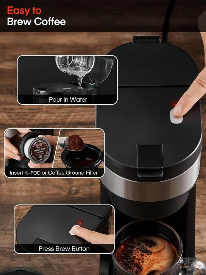 FOHERE Coffee Maker, Single Serve Iced and Hot Coffee Brewer for K Pod & Ground Coffee, 90S Fast Brewing, 6 to 14 Oz Brew Sizes, 1000W Water Window and Descaling Mode
