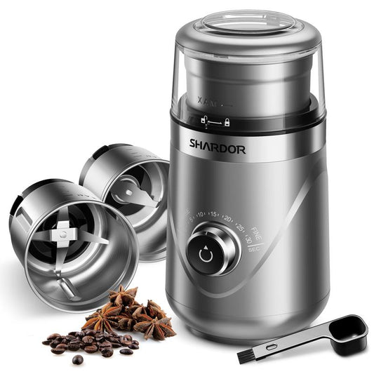 SHARDOR Adjustable Coffee Grinder Electric, Grain Mills, Herb, Nut, Spice,Coffee Bean Espresso Grinder with 2 Removable Stainless Steel Bowl, Silver.