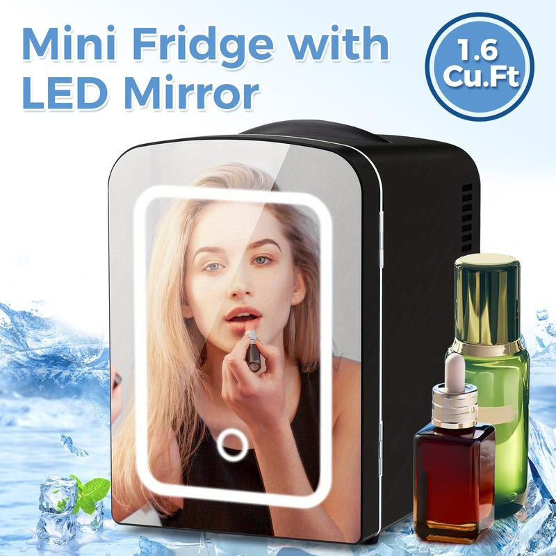 Makeup Fridge with Dimmable Mirror, 4L Mini Fridge for Bedroom, Car, Office & Dorm, Cooler & Warmer, Portable Small Refrigerator