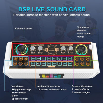 Hosabely Karaoke Machine Bluetooth Speaker Sound Card with Single Microphone, Portable Party Karaoke Machine for Adults Kids with DJ Lights, PA System Best Gift for All Powered Mixers Audio Smartphone