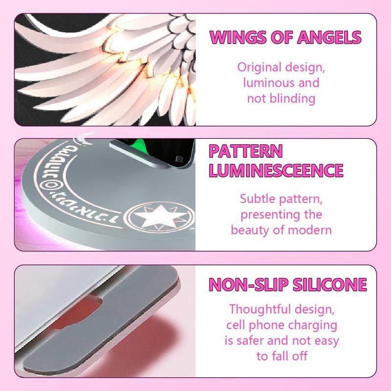 Angel Wing Design Wireless Charger with Mirror, 15W Super Fast Charge Wireless Charger with Luminous Base, Phone Accessories for Phones with Wireless Charging Function
