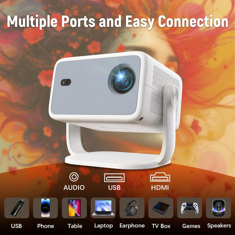 4K Projector [Netflix Official/Auto Focus/360° Swivel Base] Projector with Wifi and Bluetooth 1080P Native Projector One-Click Use Netflix/Youtube, Smart Home Outdoor Projector Audio White
