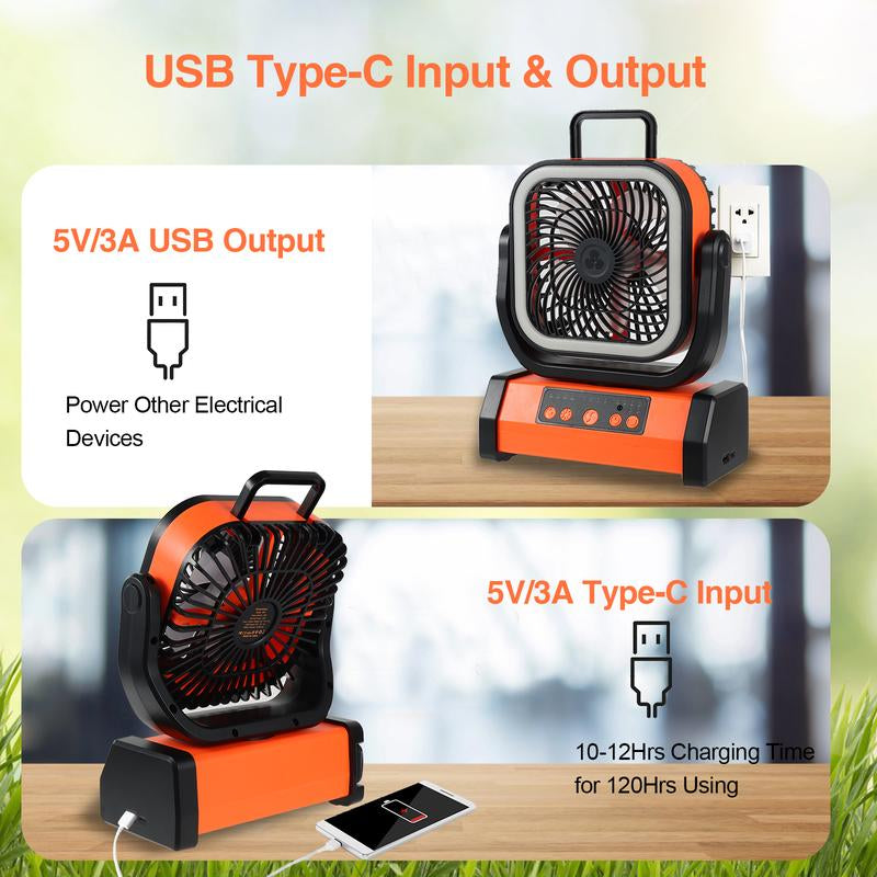 Battery Powered Fan Portable Rechargeable with Bluetooth Stereo,270°Pivot Battery Operated Fans Camping with LED Light & Hook,Usb Personal Outdoor Camping for Tent, Travel Ventiladores Recargables Para Cuba Large Adventure Speed Desk Head Pool Camp