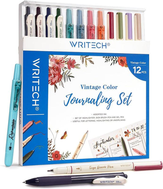 Writech Journaling Pens Set - 12-Count Vintage Set with Retractable Highlighters, Gel Ink Pens, and Brush Pens