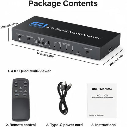 4 PORT HDMI Quad Multi-Viewer 4 in 1 Out HDMI Switcher 1080P HDMI Seamless IR Control 3D Support 5 Modes for PC/STB/DVD Accessories HDMI To