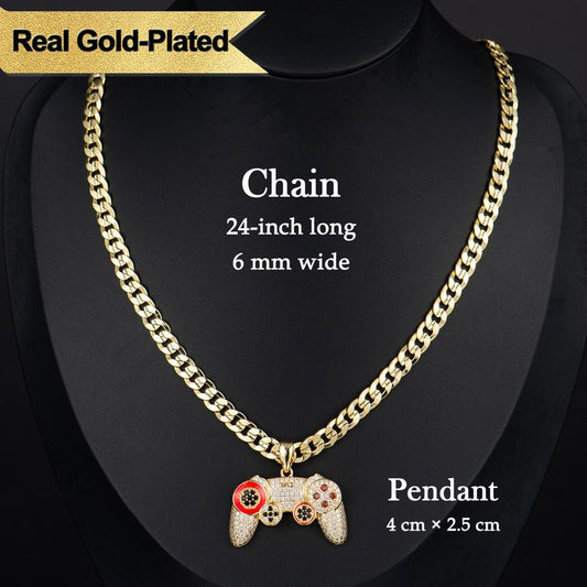 Holylegend 14K Real Gold-Plated Game Controller Necklace, Sony-Inspired CZ Diamond Pendant, 24" Rope & Cuban Chain, Hip Hop Jewelry Gift for Playstation Fans