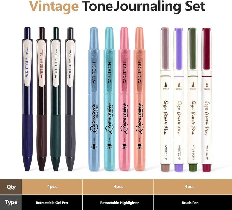 Writech Journaling Pens Set - 12-Count Vintage Set with Retractable Highlighters, Gel Ink Pens, and Brush Pens