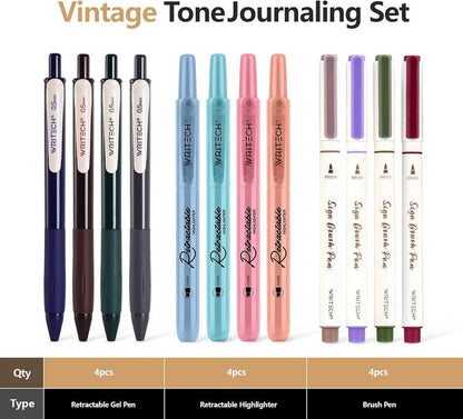 Writech Journaling Pens Set - 12-Count Vintage Set with Retractable Highlighters, Gel Ink Pens, and Brush Pens