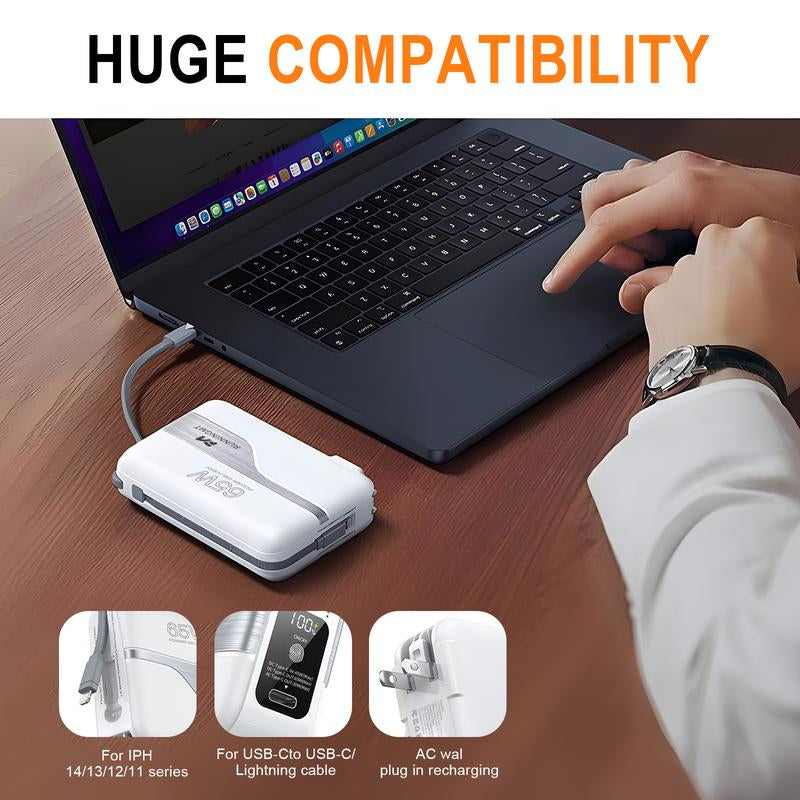 65W Fast Charging Portable Charger Power Bank with Built in Cables & AC Wall Plug,20000Mah External Battery Pack for Iphone 16/15/14/13/12 Pro, Ipad, Macbook Air, Samsung