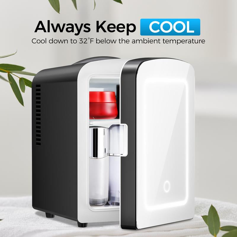 Makeup Fridge with Dimmable Mirror, 4L Mini Fridge for Bedroom, Car, Office & Dorm, Cooler & Warmer, Portable Small Refrigerator