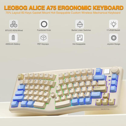 LEOBOG A75 75% Alice Keyboard, Wireless Gaming Keyboard with Knob and Joystick Design, Top Mount Mechanical Keyboard with Flex-Cut PCB, PC Plate, Magnetic Stands for Win/Mac