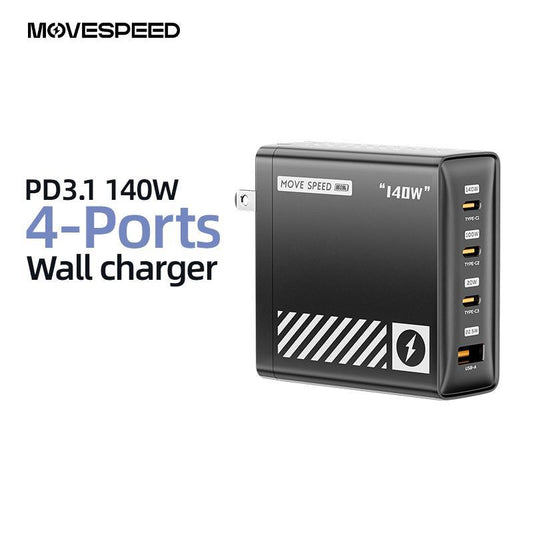MOVE SPEED 140W USB C Charger PD3.1 Gan 4-Port Compact Laptop Wall Charger Foldable Plug 3Xusb-C Ports Fast Charging for Macbook Pro/Air, Iphone, Ipad Pro, Dell XPS Etc (With 140W Cable)