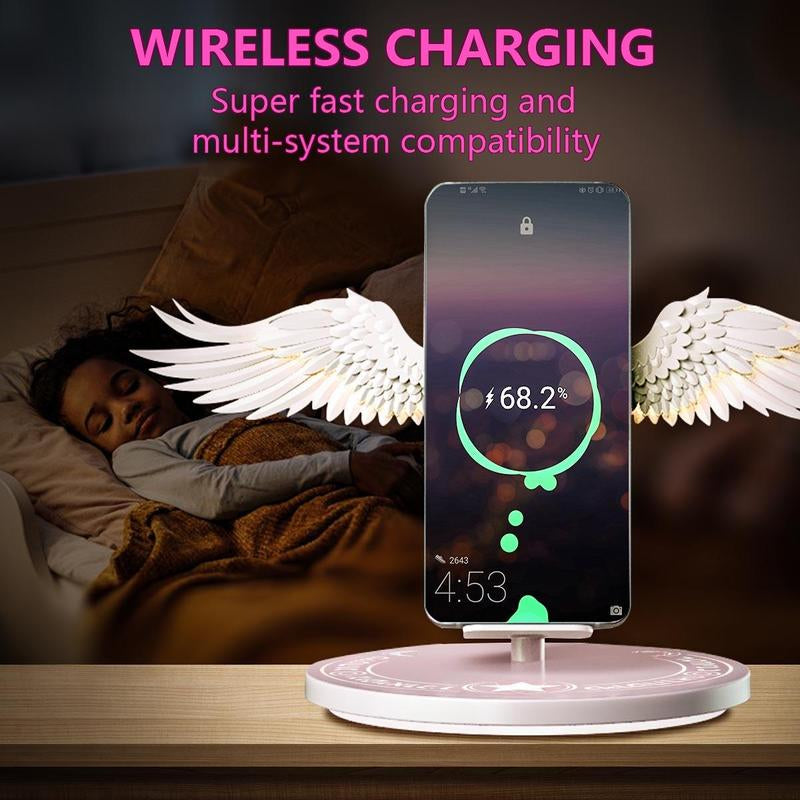 Angel Wing Design Wireless Charger with Mirror, 15W Super Fast Charge Wireless Charger with Luminous Base, Phone Accessories for Phones with Wireless Charging Function