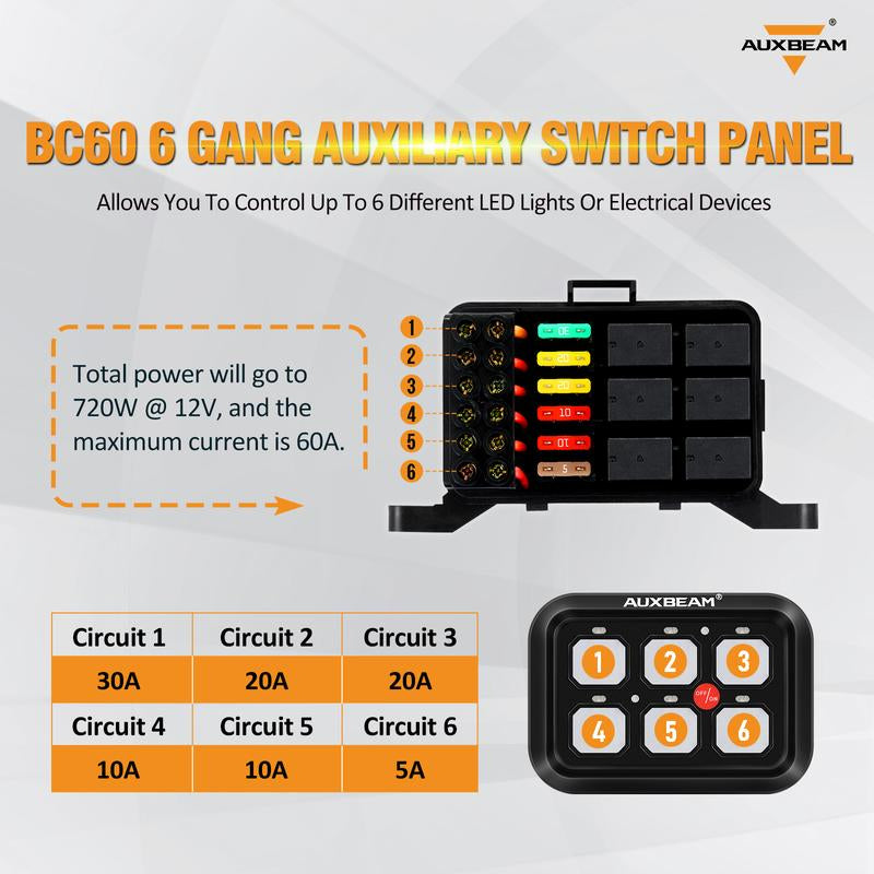 Auxbeam BC60 6 Gang Switch Panel Off-Road Light Controller