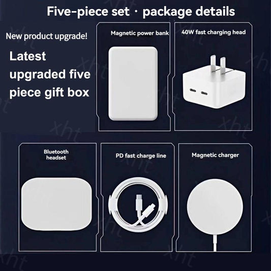 For Iphone12-16 6-In-1 Magnetic Wireless Charging &Audio Set -10000Mah Power Bank,15W Fast Charger, Wireless Charger, Type-C Cable, Adapter,Bluetooth Earbuds Device Crystal Cellphone Smartphone Electronic
