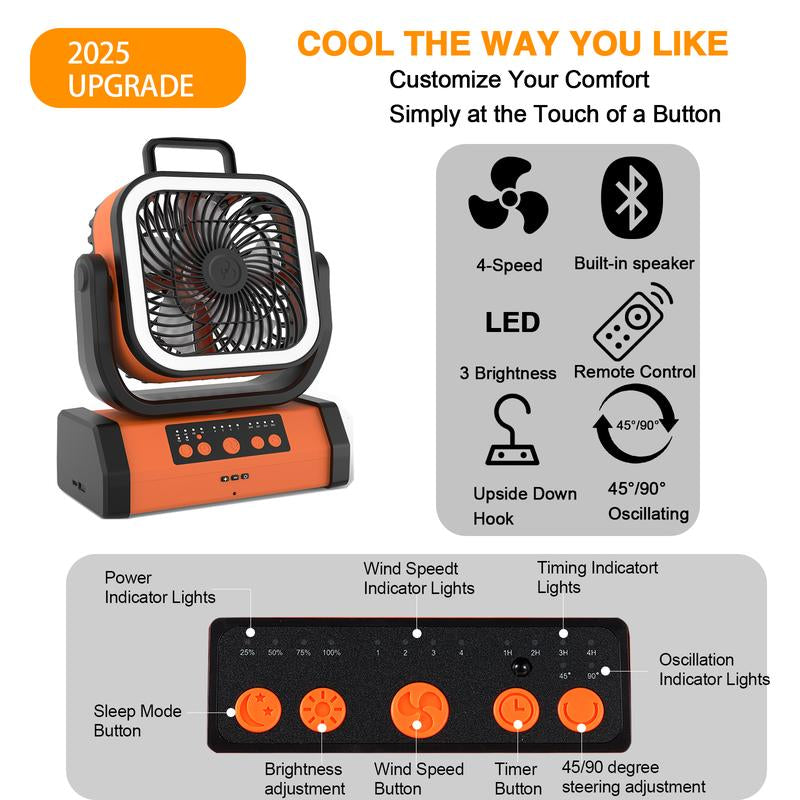 Battery Powered Fan Portable Rechargeable with Bluetooth Stereo,270°Pivot Battery Operated Fans Camping with LED Light & Hook,Usb Personal Outdoor Camping for Tent, Travel Ventiladores Recargables Para Cuba Large Adventure Speed Desk Head Pool Camp