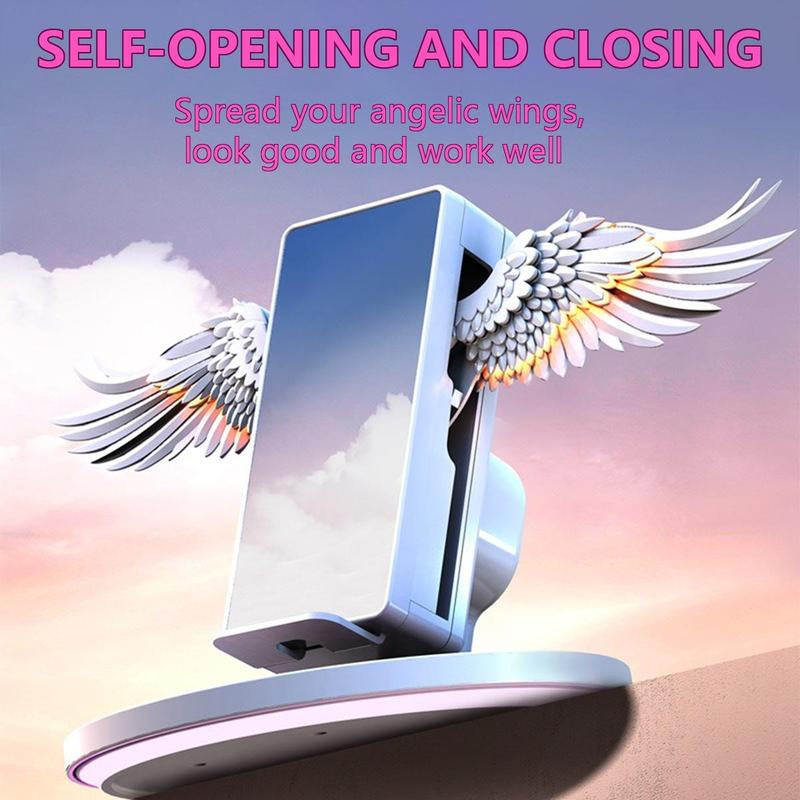 Angel Wing Design Wireless Charger with Mirror, 15W Super Fast Charge Wireless Charger with Luminous Base, Phone Accessories for Phones with Wireless Charging Function